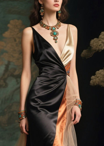 Elegant Black Side Open Patchwork Exra Large Hem Silk Vestidos Dresses Summer