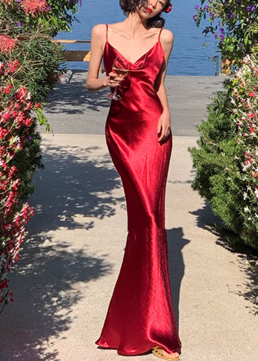 Fashion Red V Neck Solid Silk Long Spaghetti Strap Dress Summer