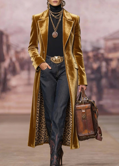 Chic Yellow Peter Pan Collar Pockets Velvet Trench Spring