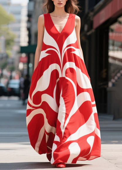 Casual Red Oversized Print Chiffon Holiday Dresses Summer