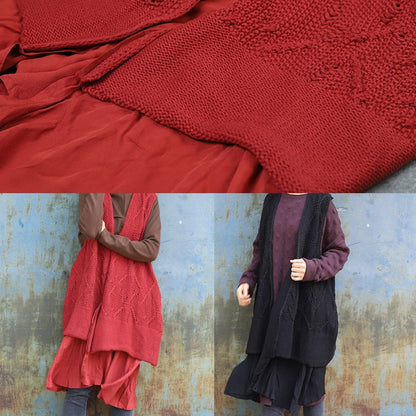 Vintage sleeveless knit outwear oversize black hollow out knit cardigans
