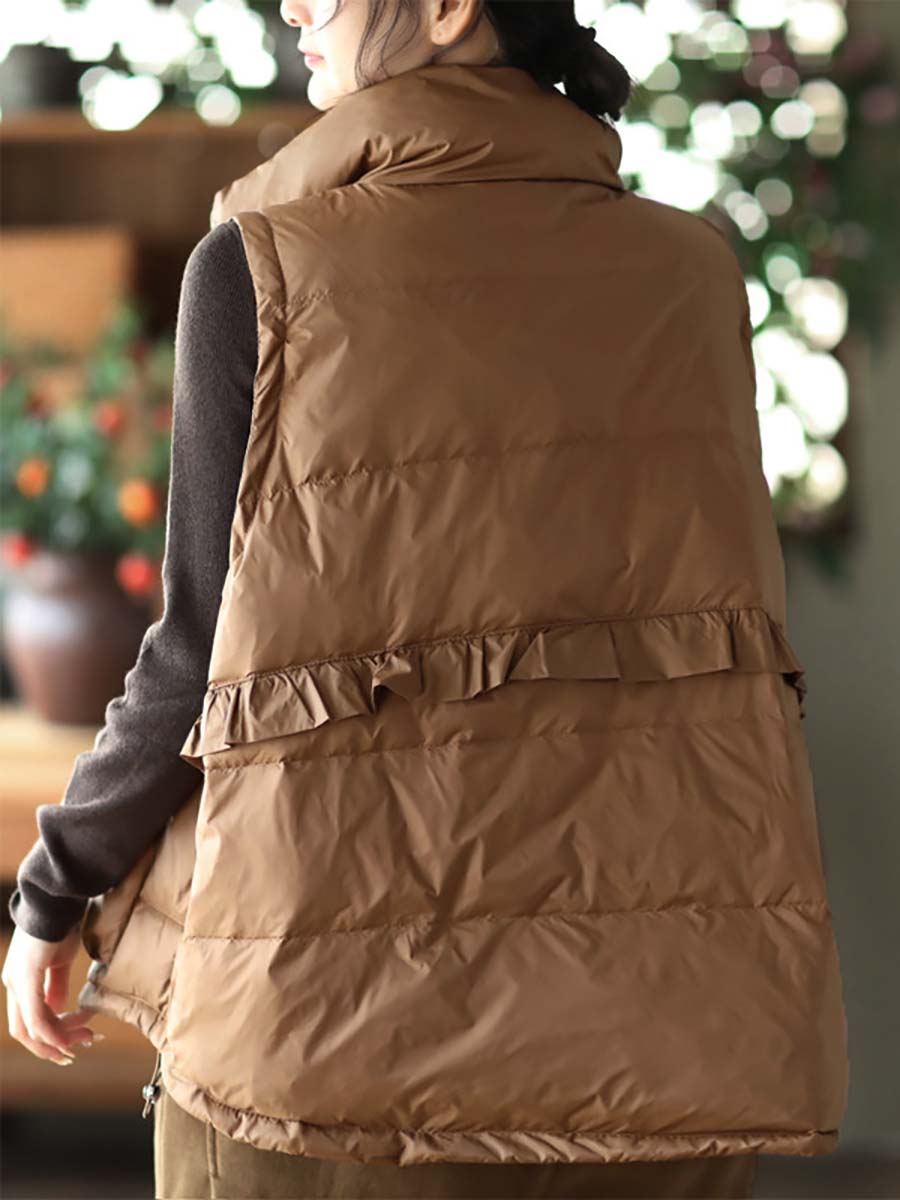 Women Casual Agaric Lace Button Pocket Down Vest