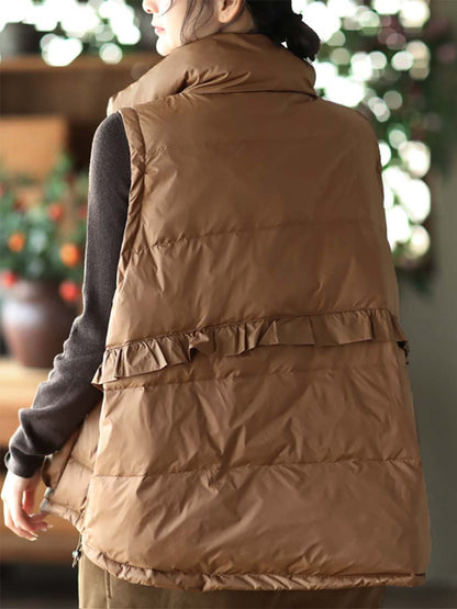 Women Casual Agaric Lace Button Pocket Down Vest