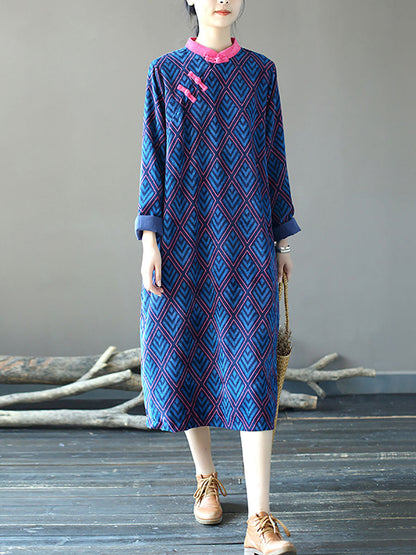 Women Winter Vintage Rhomboids Frog Spliced Long Dress