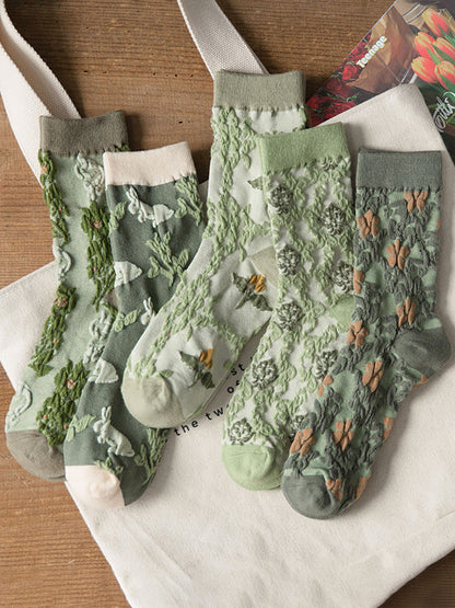 5 Pairs Floral Women Casual Cotton Autumn Winter Socks