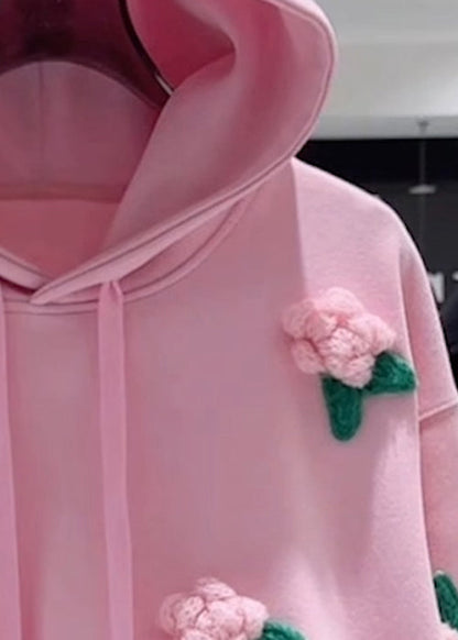 Loose Pink Hooded Floral Drawstring Cotton Pullover Sweatshirt Fall