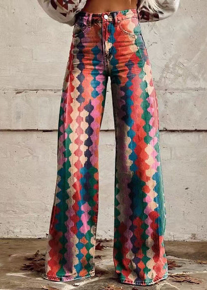 Chic Rose Print Pockets High Waist Denim Pants Spring
