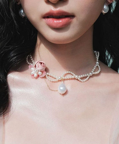 Beautiful White Alloy Pearl Beading Floral Gratuated Bead Necklace