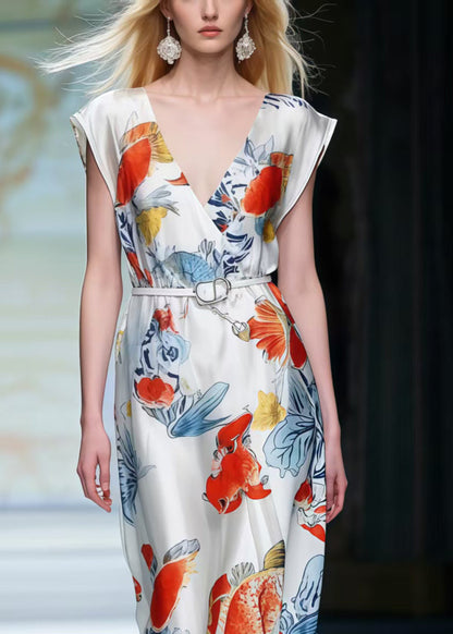 Beautiful White V Neck Print Silk Tunic Dresses Summer