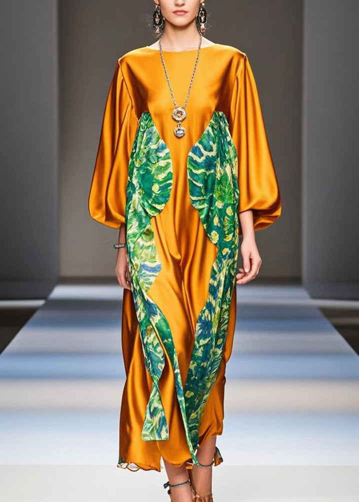 Italian Caramel Oversized Patchwork Print Silk Dress Spring