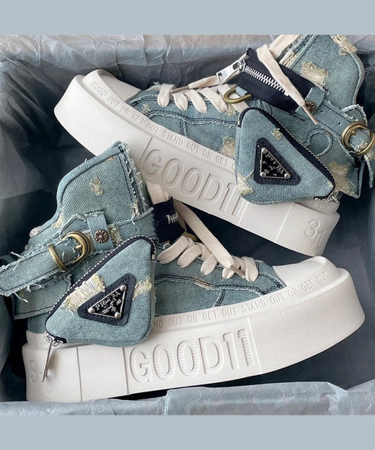 Fashion Blue Canvas Splicing Lace Up Platform Boots