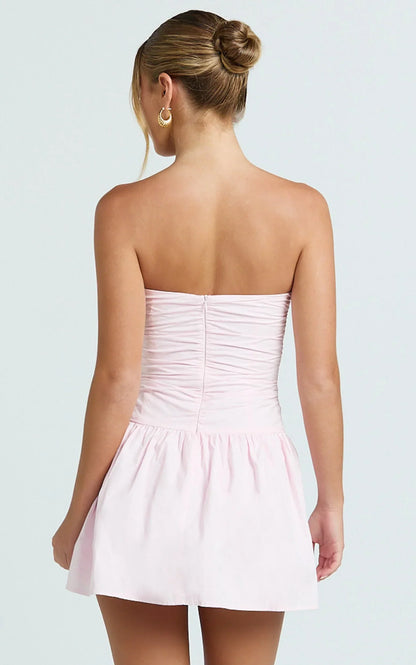 Donatella Mini Dress - Strapless Drop Waist Dress In Pink