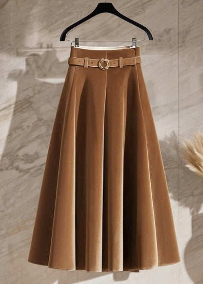 New Coffee High Waist Solid Silk Velvet Skirts Spring