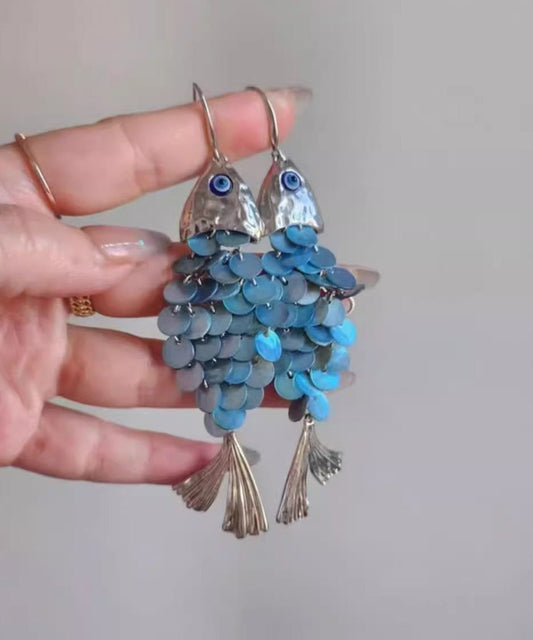 Boho Blue Weave Shell Small Fish Tassel Drop Earrings