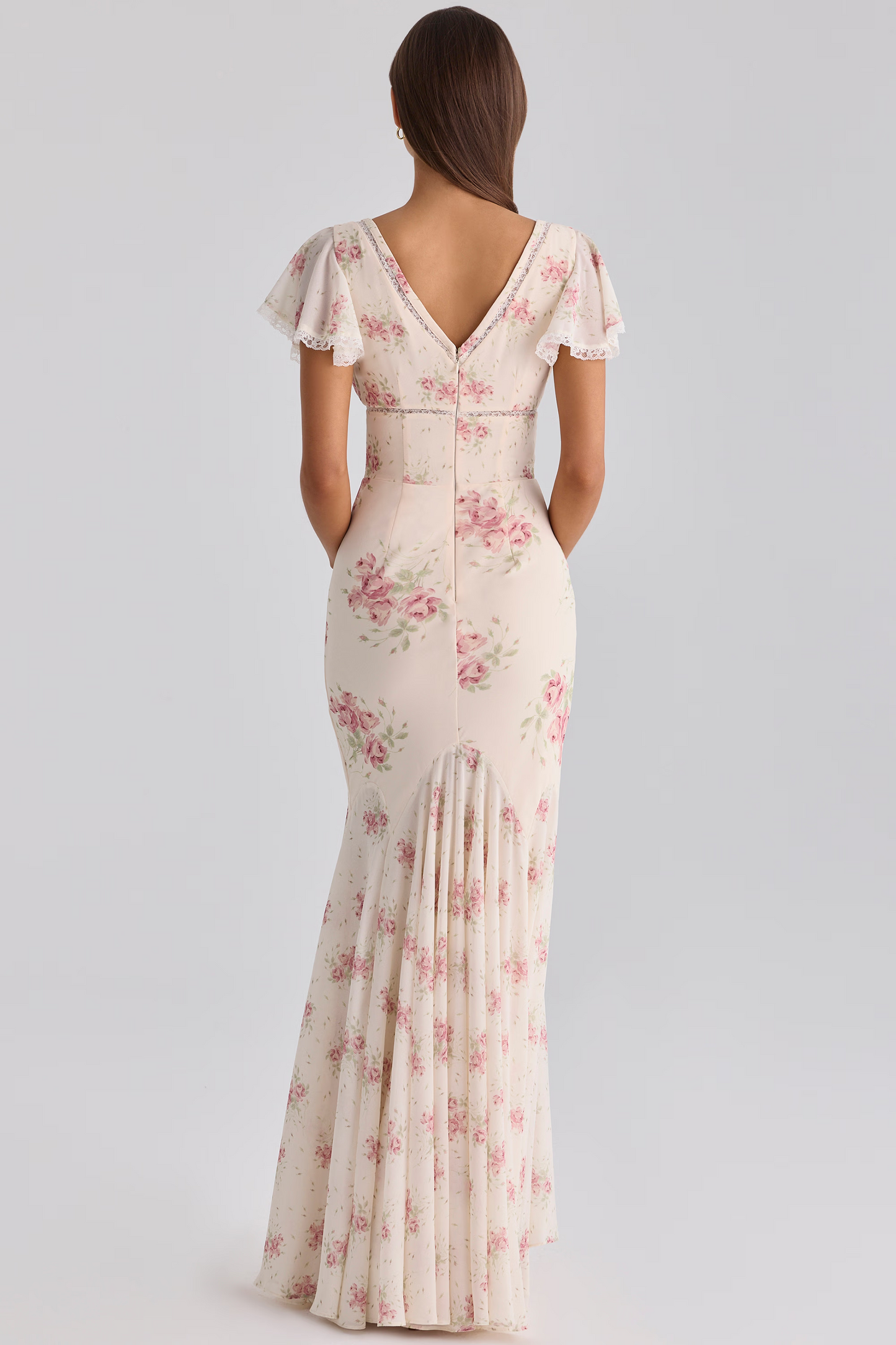 Cream Rose Print V-Neck Tie Front Lace Trim Mermaid Maxi Dress