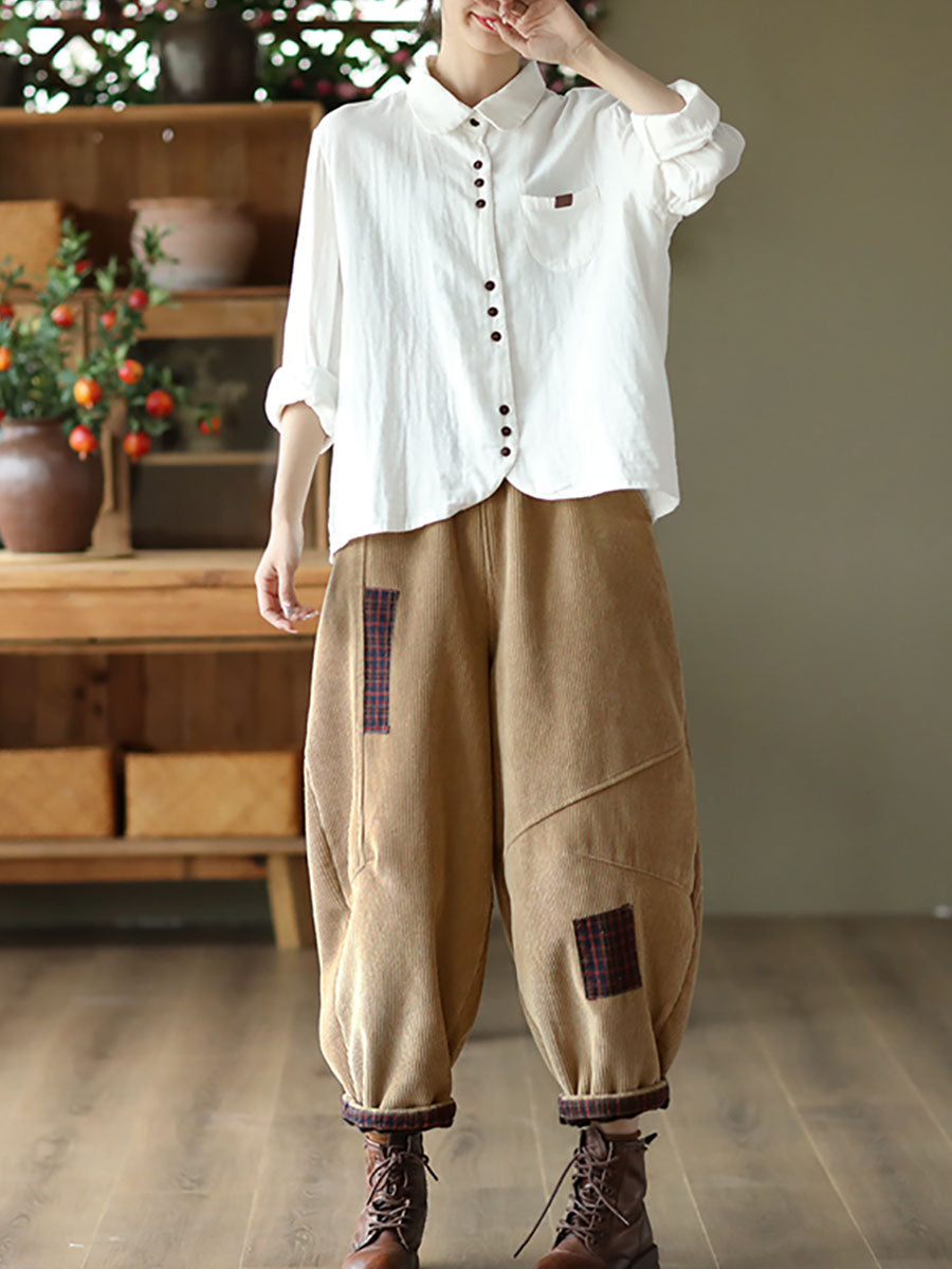 Women Spring Vintage Solid Button Pocket T-shirt