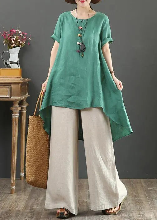 Italian green linen top o neck asymmetric baggy summer shirts