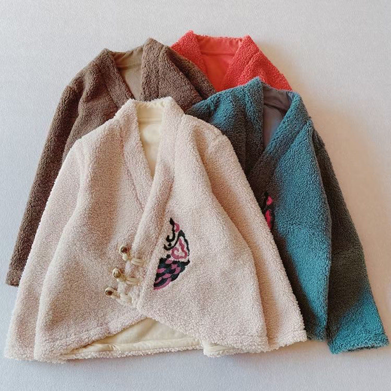 Ethnic Embroidered V-Neck Sherpa Wool Jacket