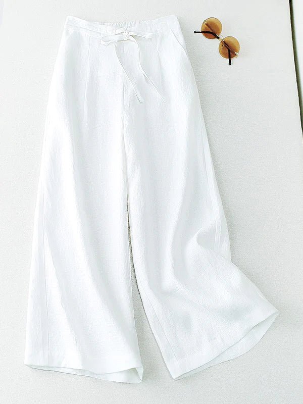Loose Linen High Waist Solid Bowknot Wide Leg Pants