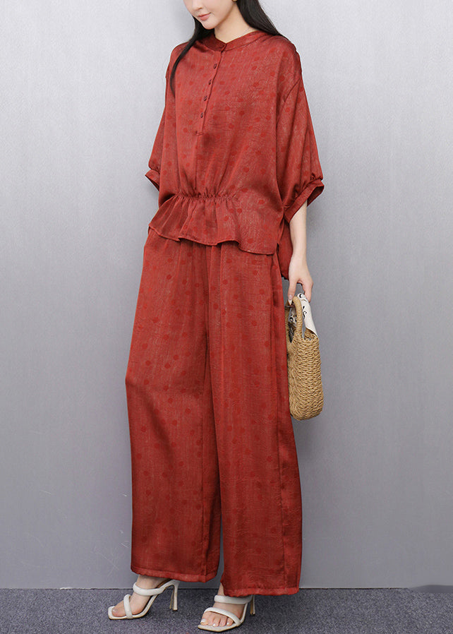 French Red Dot Tops And Wide Leg Pants Cotton Two Pieces Set Half Sleeve