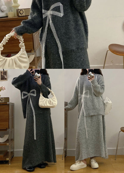 Charcoal Grey Knit Two Piece Set Women Clothing Oversized Bow Print Winter