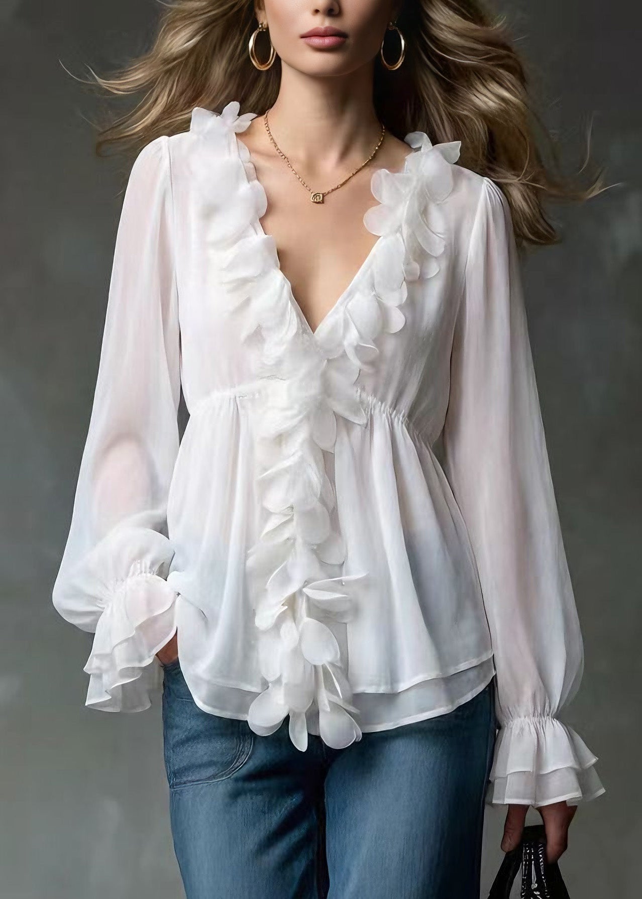 Elegant White V Neck Petal Chiffon Shirts Spring