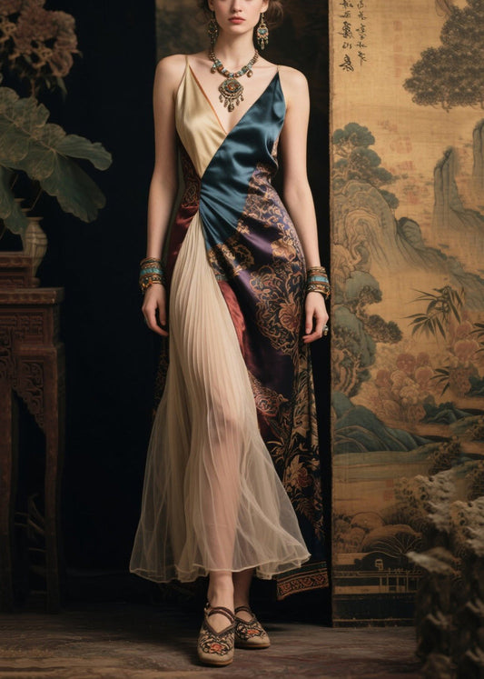 Chic Colorblock Asymmetrical Patchwork Silk Spaghetti Strap Dress Summer