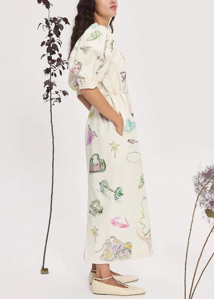 Elegant Apricot Print Lace Up Pockets Linen Long Dress Lantern Sleeve