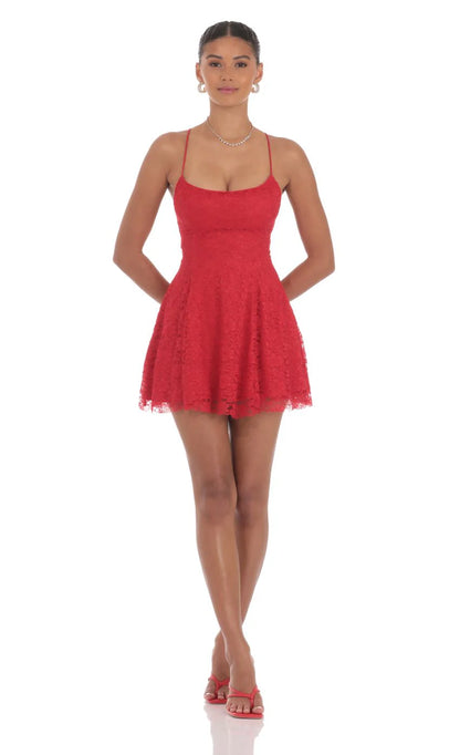 Lace Floral Mini Dress in Red