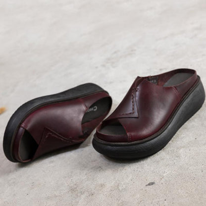 Women 2022 Sewing Platform Casual Leather Slippers