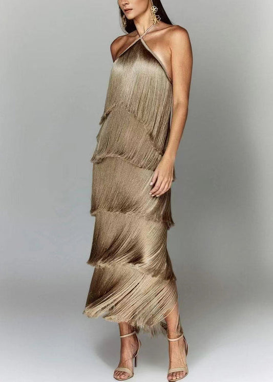 Chic White Backless Tasseled Halter Dress Summer