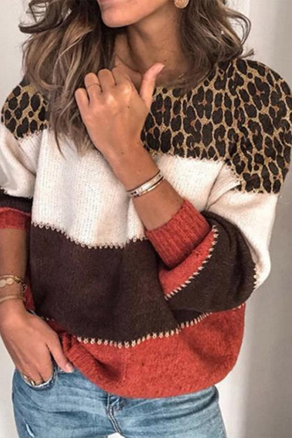 Casual Color Patchwork Round Neck Sweater