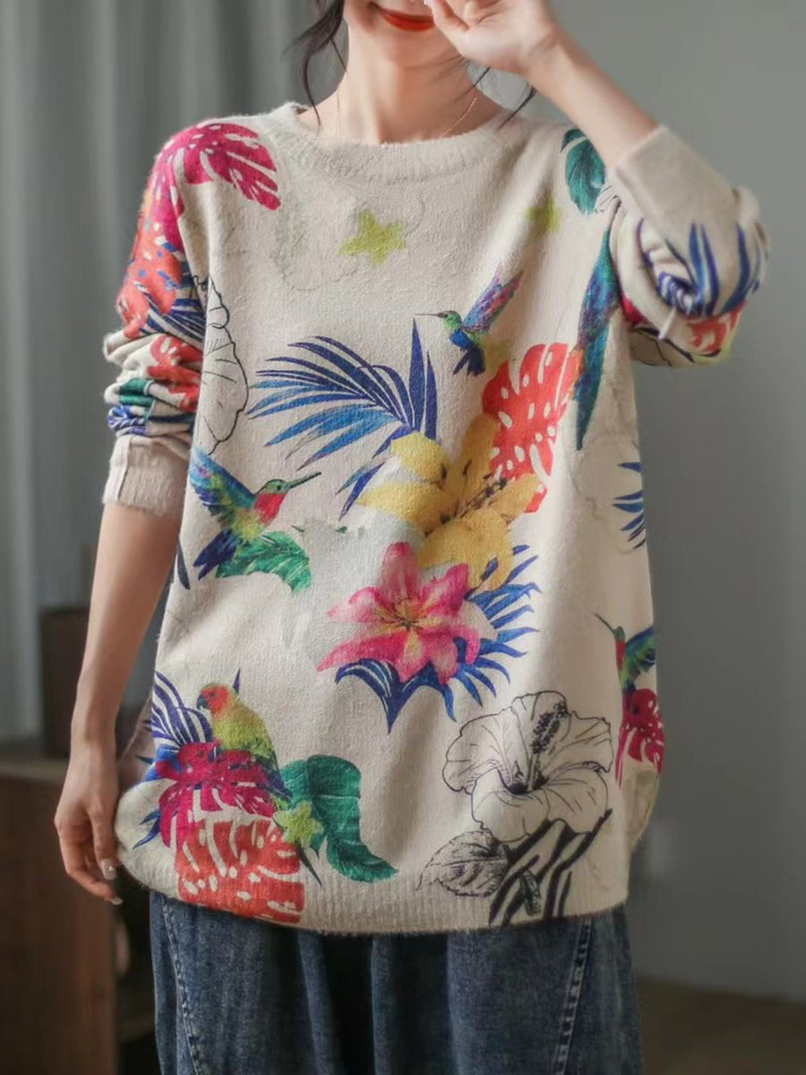 Women Long Sleeve Print Loose Casual Sweater