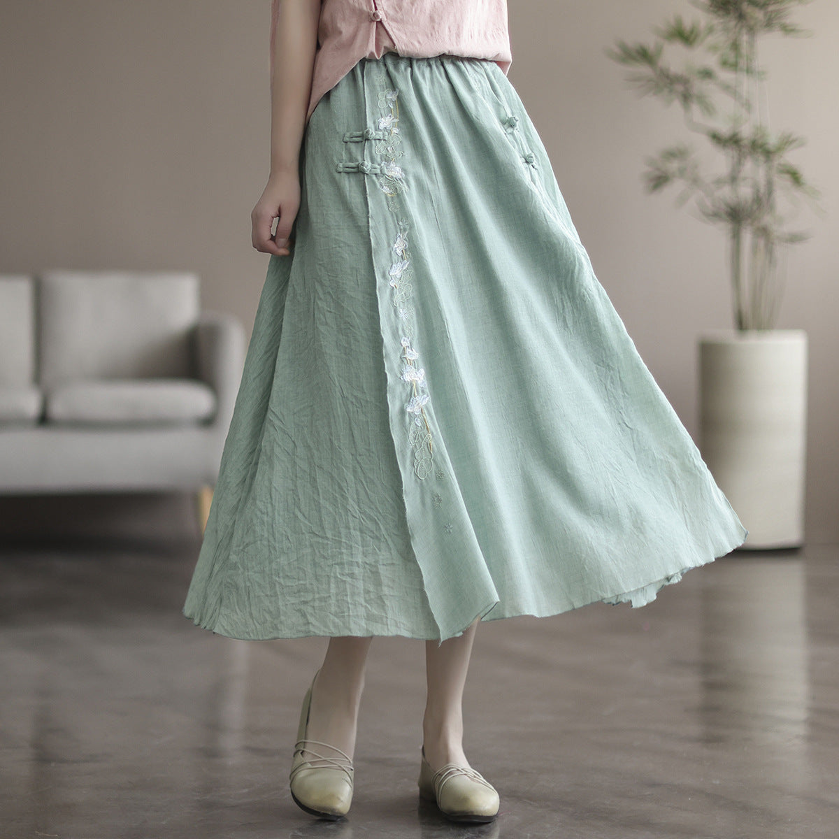 Vintage Double Cotton Linen Embroidered Buckle A-Line Skirt