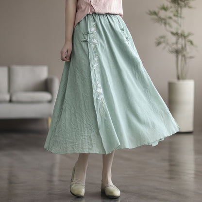 Vintage Double Cotton Linen Embroidered Buckle A-Line Skirt