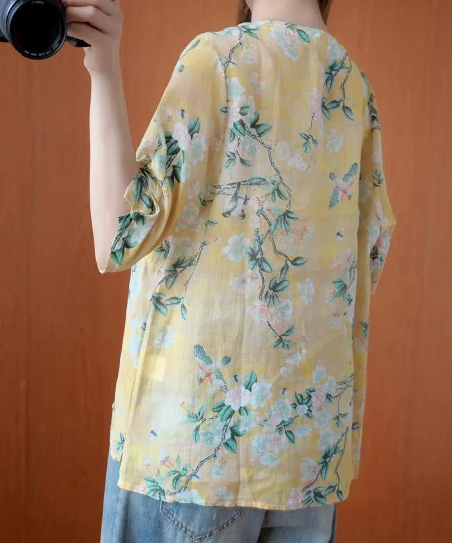 Natural yellow print tunic top o neck half sleeve Midi summer shirts