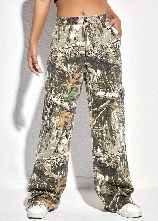 Casual Print Pockets High Waist Cotton Pants Spring