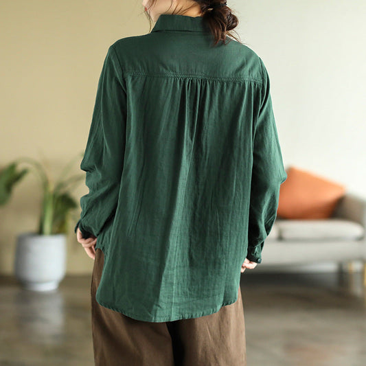 Art Vintage Double Layer Cotton Long Sleeve Floral Embroidery Shirt