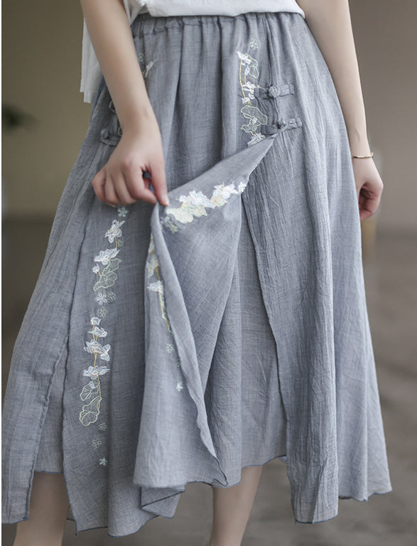 Vintage Double Cotton Linen Embroidered Buckle A-Line Skirt