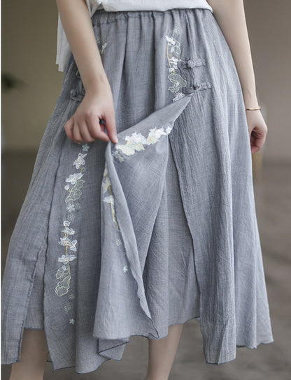 Vintage Double Cotton Linen Embroidered Buckle A-Line Skirt