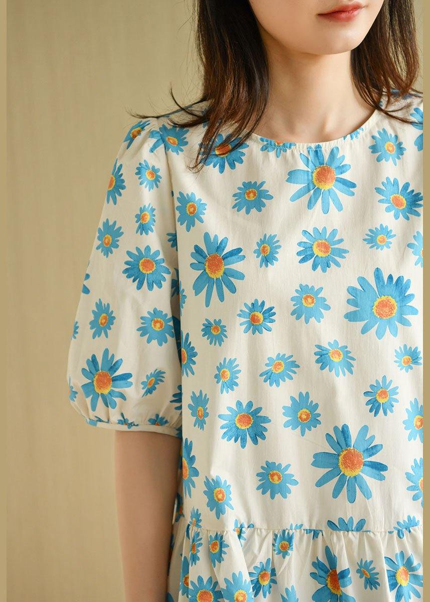 Casual Blue O-Neck Print Summer Cotton Half Sleeve Dresses