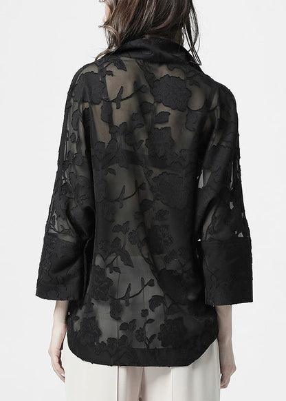 Loose Black Lace Button Chiffon Blouses Batwing Sleeve