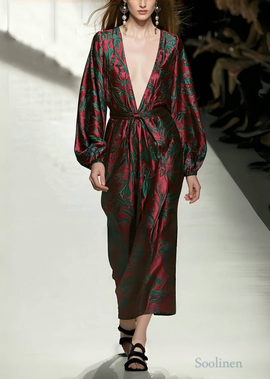 Casual Mulberry V Neck Print Silk Vacation Dresses Spring