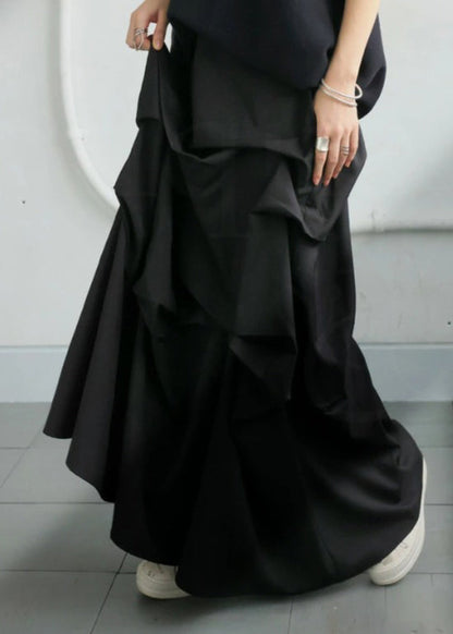 Art Black Asymmetrical Wrinkled Cotton Skirt Fall