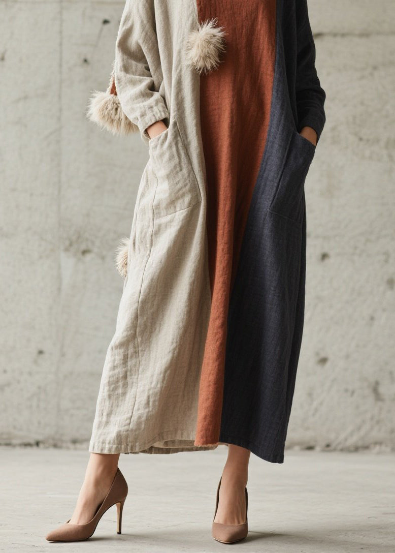 Plus Size Colorblock Pockets Patchwork Cotton Dress Fall