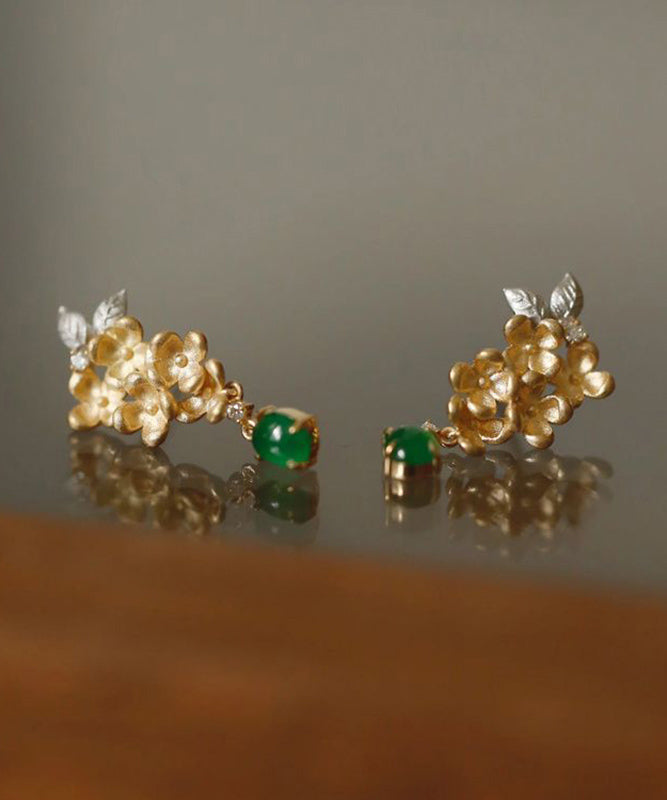 Vintage Green StCopper Zircon Jade Floral Tasselud Earrings