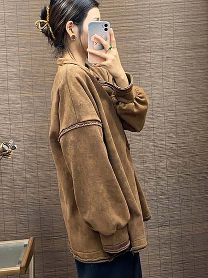 Women Vintage Chinese Button Worn Solid Thick Sweatshirt