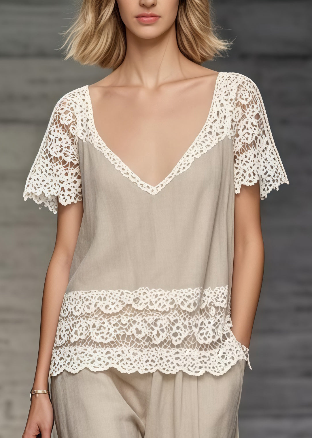 Boho Khaki V Neck Lace Patchwork Two Piece Set Women Clothing Summer