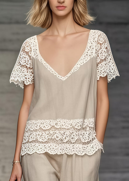 Boho Khaki V Neck Lace Patchwork Two Piece Set Women Clothing Summer