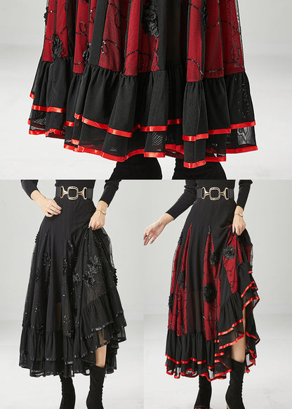 Black Red Patchwork Chiffon Skirt Floral Exra Large Hem Fall